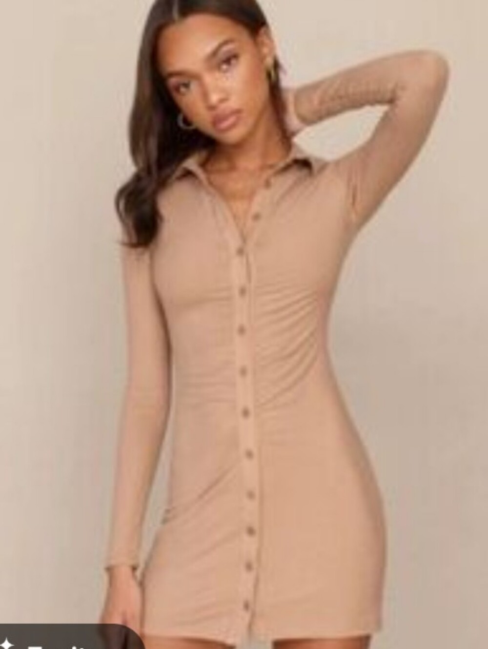 Reformation Amy Knit Mini Dress Tan Collared Ruched Long sleeve fitted Ribbed